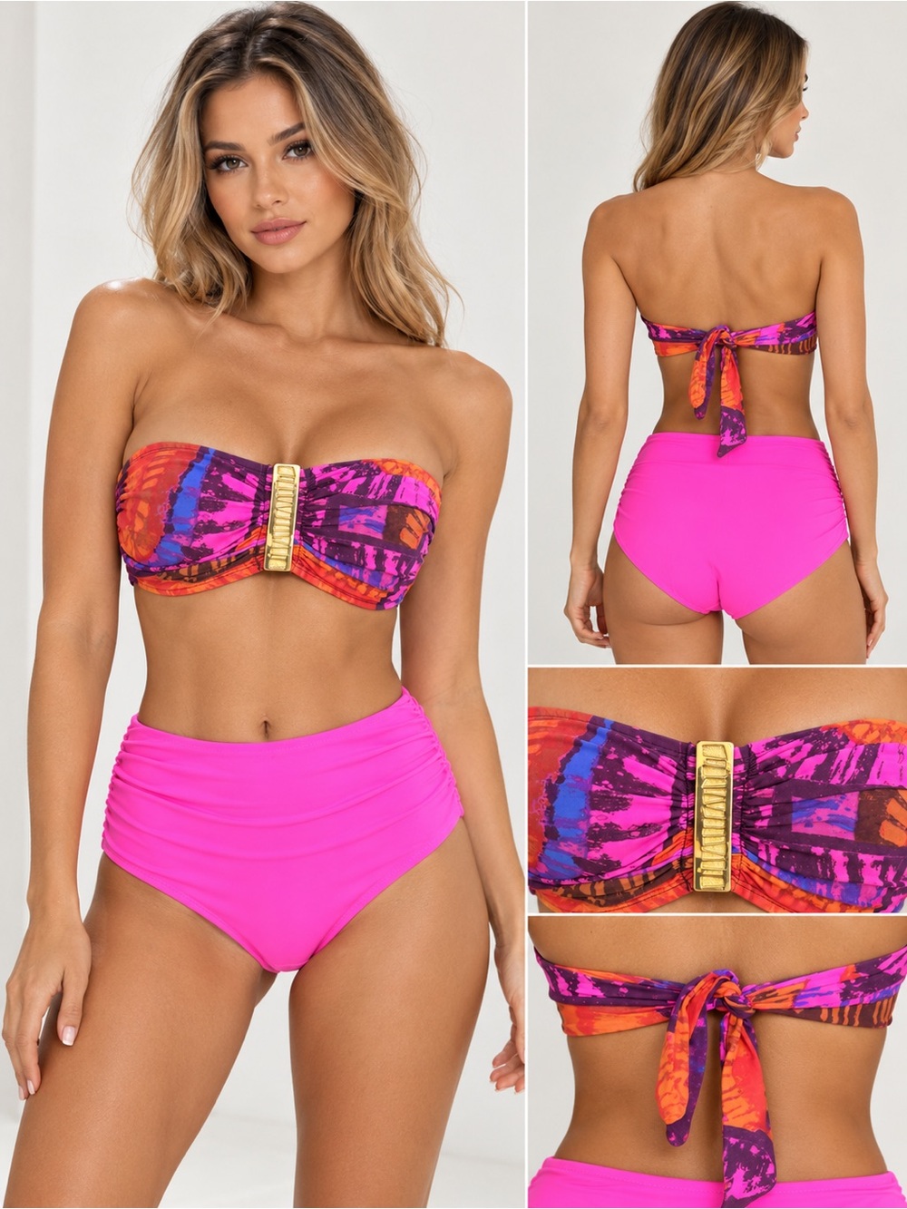 Bright Pink Tie-Dye Bandeau High-Waist Bikini size S 34C